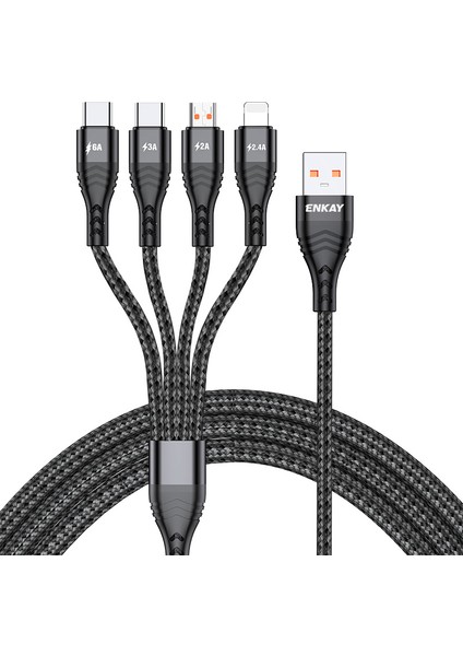6A Hızlı Şarj Kablosu 1,2 M 4'ü 1 Arada Usb'den Ip'ye / Tip-C / Mikro USB Şarj Veri Kablosu - Siyah (Yurt Dışından)