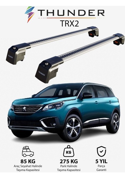 Peugeot 5008 2017-SONRASI Trx2 Thunder Carrier Kilitli Ara Atkı Taşıyıcı Tavan Barı Siyah