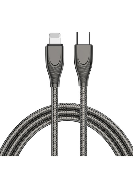 2m Type-C - Lightning Veri Kablosu Pd 27W Hızlı Şarj Karbon Çelik Hortum Yay Kablosu - Siyah (Yurt Dışından)