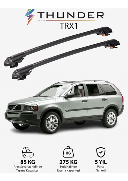 Volvo XC90 2003-2015 Trx1 Thunder Carrier Kilitli Ara Atkı Taşıyıcı Tavan Barı Gri
