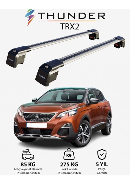 Peugeot 3008 2017-SONRASI Trx2 Thunder Carrier Kilitli Ara Atkı Taşıyıcı Tavan Barı Gri