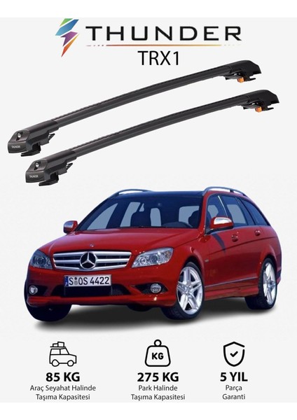 Mercedes-Benz C-Class 2008-2014 Trx1 Thunder Carrier Kilitli Ara Atkı Taşıyıcı Tavan Barı Gri