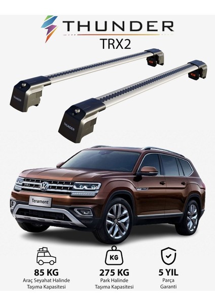 Volkswagen Teramont 2018-SONRASI Trx2 Thunder Carrier Kilitli Ara Atkı Taşıyıcı Tavan Barı Gri