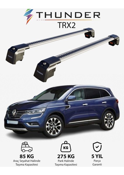 Renault Koleos 2017-SONRASI Trx2 Thunder Carrier Kilitli Ara Atkı Taşıyıcı Tavan Barı Gri