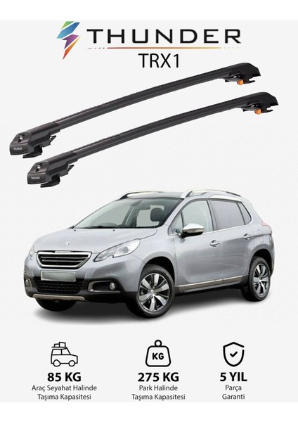 Peugeot 2008 2013-2019 Trx1 Thunder Carrier Kilitli Ara Atkı Taşıyıcı Tavan Barı Gri