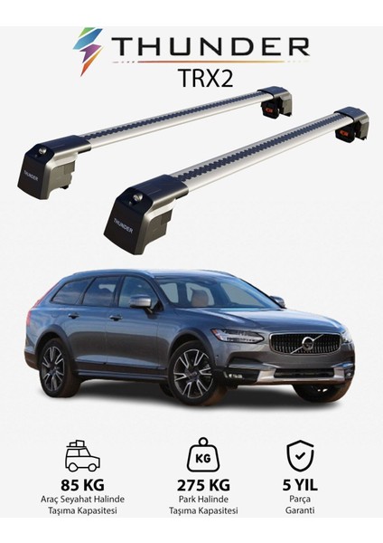 Volvo V90 2017-SONRASI Trx2 Thunder Carrier Kilitli Ara Atkı Taşıyıcı Tavan Barı Gri