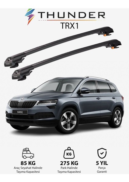 Skoda Karoq 2017-SONRASI Trx1 Thunder Carrier Kilitli Ara Atkı Taşıyıcı Tavan Barı Gri