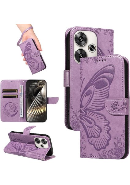 Xiaomi Poco F6 Kabartmalı Kelebek ile Yüksek Kaliteli Deri Flip Case (Yurt Dışından)