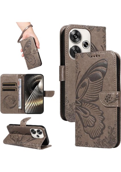 Xiaomi Poco F6 Kabartmalı Kelebek ile Yüksek Kaliteli Deri Flip Case (Yurt Dışından)