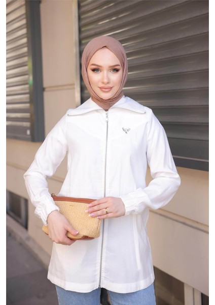 Destan Taş Detaylı Fermuarlı Sade Basic Ceket - (38-46) - 71139 - Krem