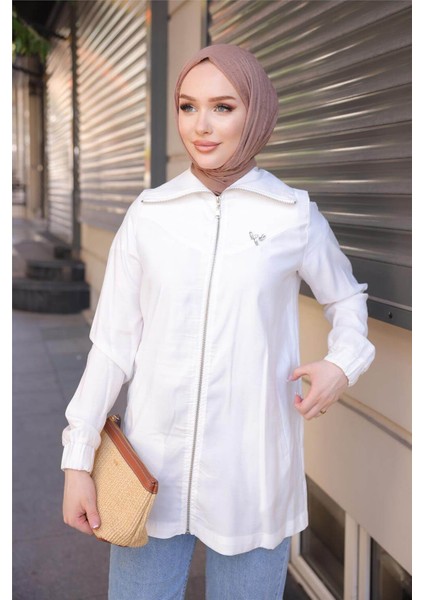 Destan Taş Detaylı Fermuarlı Sade Basic Ceket - (38-46) - 71139 - Krem fiyatları