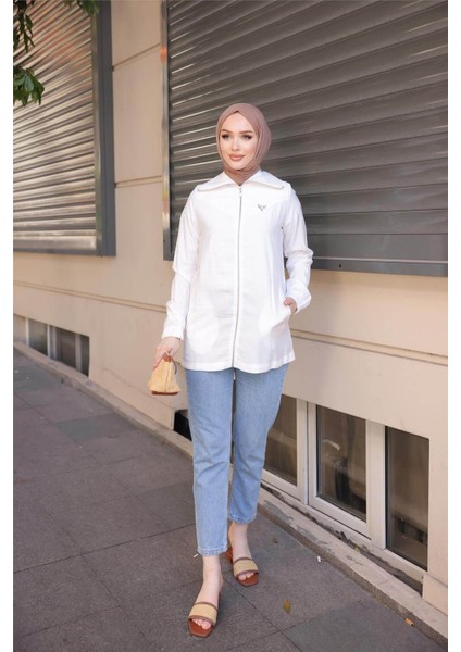Destan Taş Detaylı Fermuarlı Sade Basic Ceket - (38-46) - 71139 - Krem modelleri