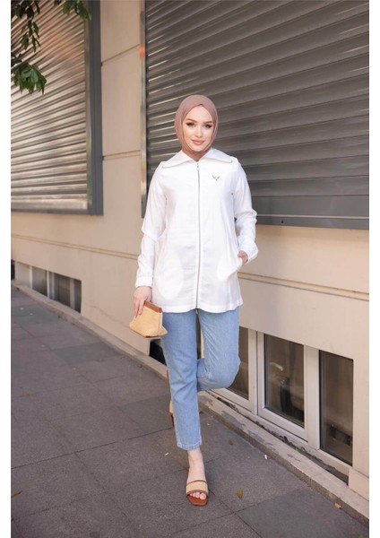 Destan Taş Detaylı Fermuarlı Sade Basic Ceket - (38-46) - 71139 - Krem fırsatları