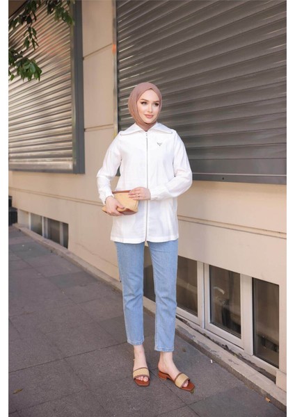 Destan Taş Detaylı Fermuarlı Sade Basic Ceket - (38-46) - 71139 - Krem indirimleri