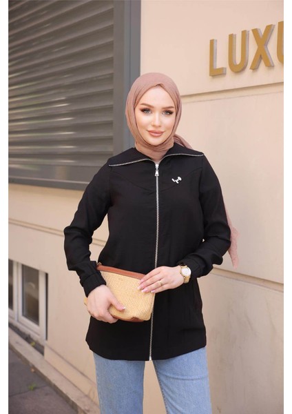 Destan Taş Detaylı Fermuarlı Sade Basic Ceket - (38-46) - 71139 - Siyah