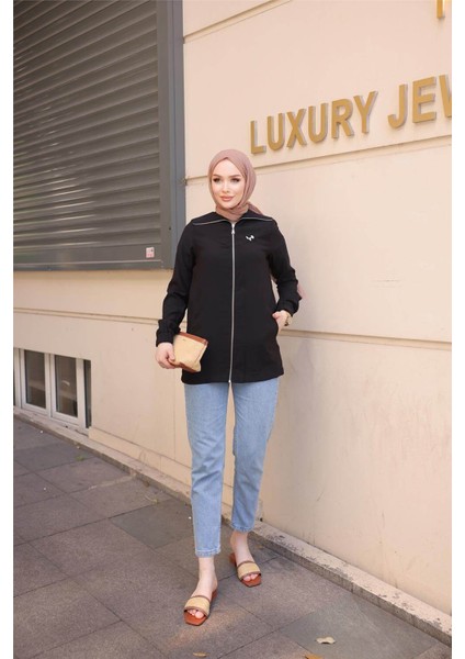 Destan Taş Detaylı Fermuarlı Sade Basic Ceket - (38-46) - 71139 - Siyah modelleri