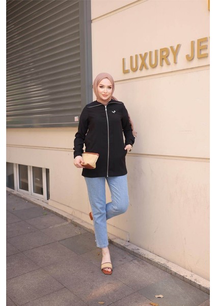 Destan Taş Detaylı Fermuarlı Sade Basic Ceket - (38-46) - 71139 - Siyah fırsatları