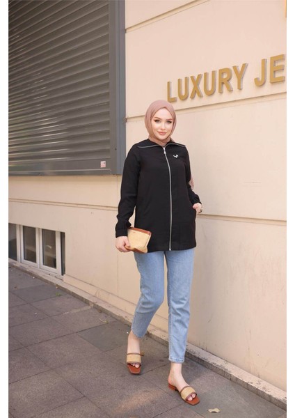 Destan Taş Detaylı Fermuarlı Sade Basic Ceket - (38-46) - 71139 - Siyah indirimleri