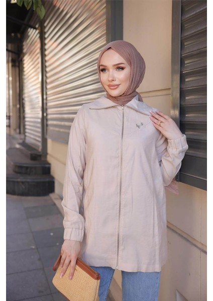 Destan Taş Detaylı Fermuarlı Sade Basic Ceket - 71139.026 - Bej