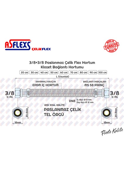 ASFLEXS 3/8×3/8 Paslanmaz Çelik Flex Hortum Klozet Bağlantı Hortumu (20 cm)