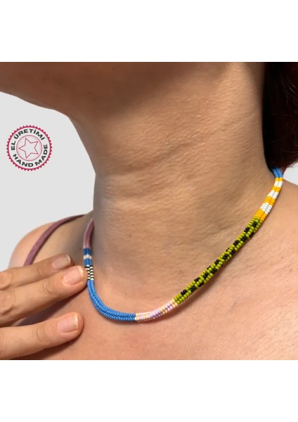 Herringbon Tekniği ile Yapılmış Kum Boncuk Kolye 21CM - Mavi