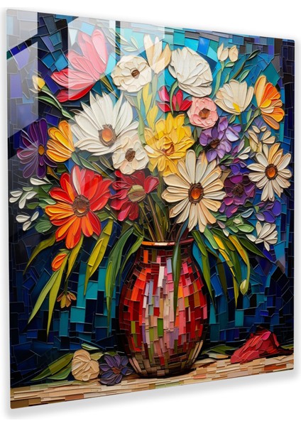 Natürmort Cam Baskı - Vazoda Mozaik Çiçekler - Natürmort, Canlı Mozaik Sanat Eseri, Enerji, Ev Dekorasyonu, 30X30