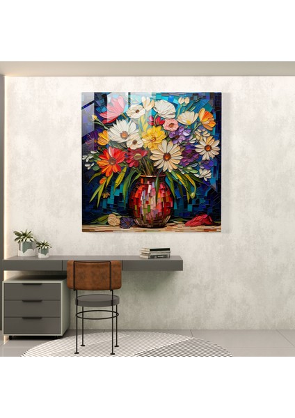 Natürmort Cam Baskı - Vazoda Mozaik Çiçekler - Natürmort, Canlı Mozaik Sanat Eseri, Enerji, Ev Dekorasyonu, 30X30 fiyatları