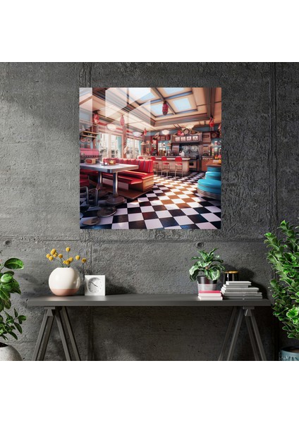 Retro Lokanta Cam Baskı - Retro, Ev Dekorasyonu, Damalı Zeminler, Modern Sanat, 30X30
