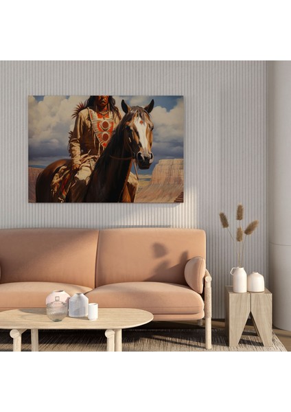 Kızılderili Kanvas Tablo - Görkemli Kızılderili Şefi ve At Duvar Tablosu - Kızılderili, Duvar Süslemesi, Geniş Manzara, Duvar Sanatı, 30X30 fiyatları