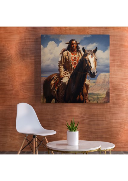 Kızılderili Kanvas Tablo - Görkemli Kızılderili Şefi ve At Duvar Tablosu - Kızılderili, Duvar Süslemesi, Geniş Manzara, Duvar Sanatı, 30X30 modelleri