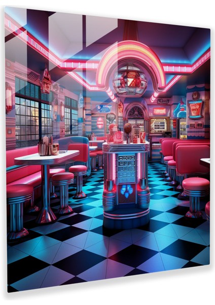 Retro Neon Diner Cam Baskı - Retro, Cam Duvar Sanatı, Ev Dekorasyonu, Cam Baskı, 30X30