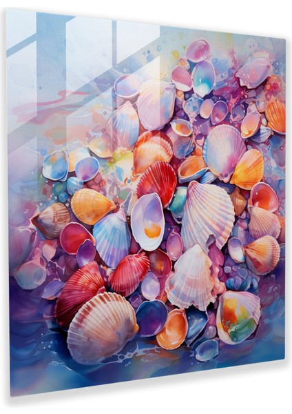 Natürmort Cam Baskı: Kıyı Deniz Kabukları - Natürmort, Kıyı Atmosferi, Deniz Kıyısı, Canlı Renkler, 30X30