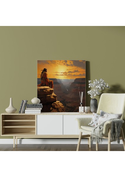 Kırmızı Hint Duvar Sanatı - Sakin Şef Kanvas Tablo - Kızıl Hint, Batan Güneş, Ev Dekorasyonu, Huşu, 50X50