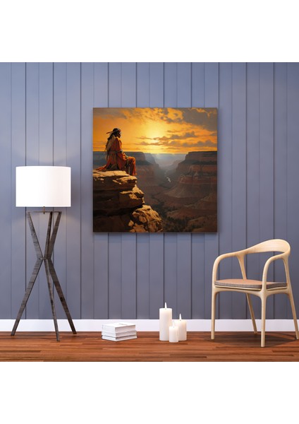 Kırmızı Hint Duvar Sanatı - Sakin Şef Kanvas Tablo - Kızıl Hint, Batan Güneş, Ev Dekorasyonu, Huşu, 50X50