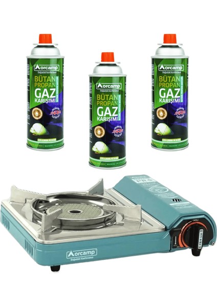 Pro Portatif Seramik Kamp Ocak ve 3 Adet 227 gr Gaz Kartuş Seti