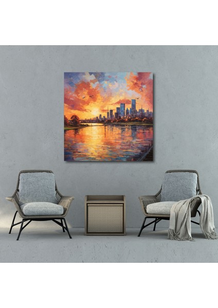 Gün Batımı Şehir Manzarası Kanvas Tablo - Gün Batımı, Duvar Sanatı, Duvar Dekorasyonu, Empresyonist Yağlıboya Tablo, 30X30