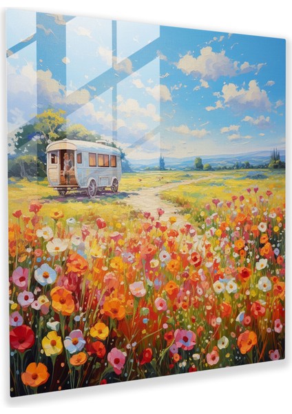 Çiçek Açan Karavan Cam Baskı - Karavan, Açan Çiçekler, Canlı, Cam Duvar Tablosu, 30X30