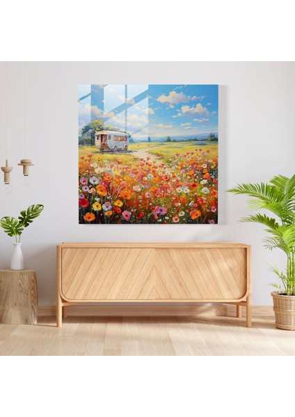 Çiçek Açan Karavan Cam Baskı - Karavan, Açan Çiçekler, Canlı, Cam Duvar Tablosu, 30X30