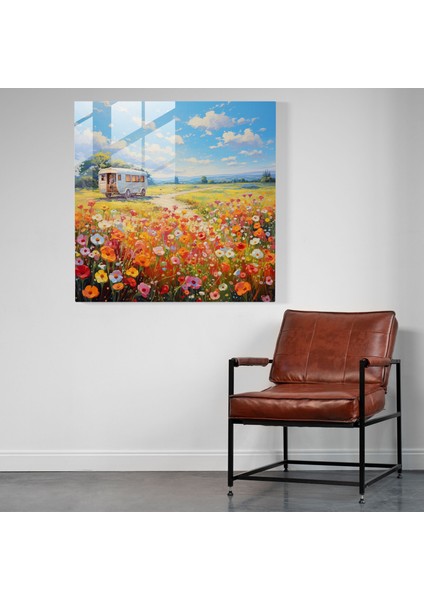 Çiçek Açan Karavan Cam Baskı - Karavan, Açan Çiçekler, Canlı, Cam Duvar Tablosu, 30X30