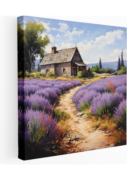 Rustik Lavanta Çiftliği Kanvas Tablo - Taş Yollu Ahır Duvar Sanatı - Rustik, Çiçek Açan Lavanta, Rustik, Ahır, 30X30