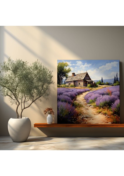 Rustik Lavanta Çiftliği Kanvas Tablo - Taş Yollu Ahır Duvar Sanatı - Rustik, Çiçek Açan Lavanta, Rustik, Ahır, 30X30 modelleri