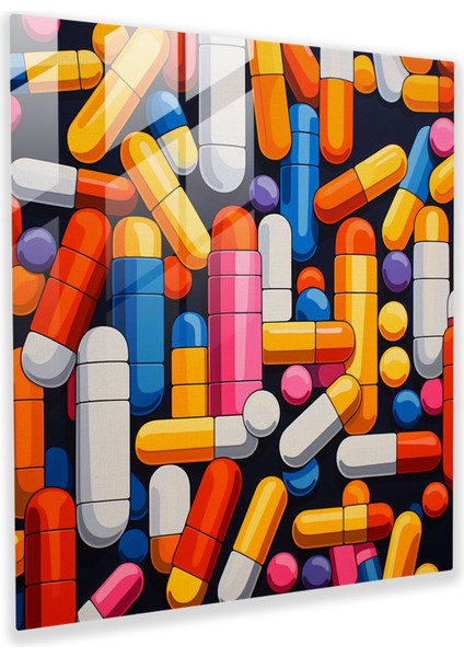 Ilaç Pop Art Hapları Cam Baskı - Ilaç, Ev Dekorasyonu, Hap, Duvar Süslemesi, 30X30