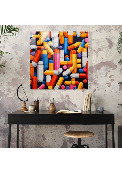 Ilaç Pop Art Hapları Cam Baskı - Ilaç, Ev Dekorasyonu, Hap, Duvar Süslemesi, 30X30 fiyatları