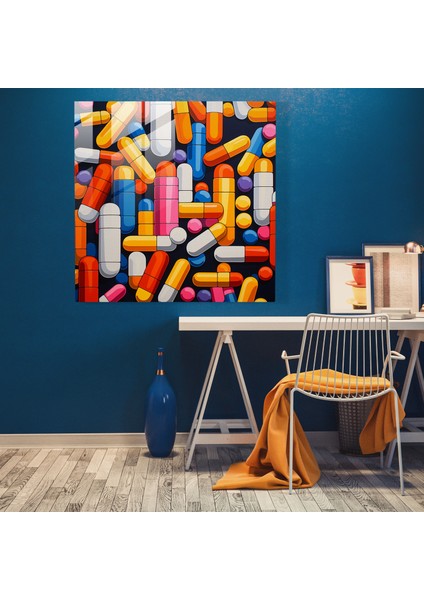 Ilaç Pop Art Hapları Cam Baskı - Ilaç, Ev Dekorasyonu, Hap, Duvar Süslemesi, 30X30 modelleri
