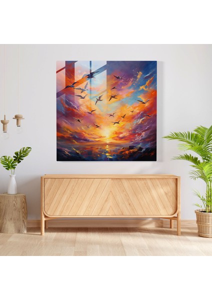 Büyüleyici Cam Baskılar - Gün Batımı Ufku Üzerinde Uçan Kuşlar - Ev Dekorasyonu ve Duvar Dekoru Için Çağdaş Cam Duvar Sanatı - Modern Sanat Eseri, 30X30 modelleri