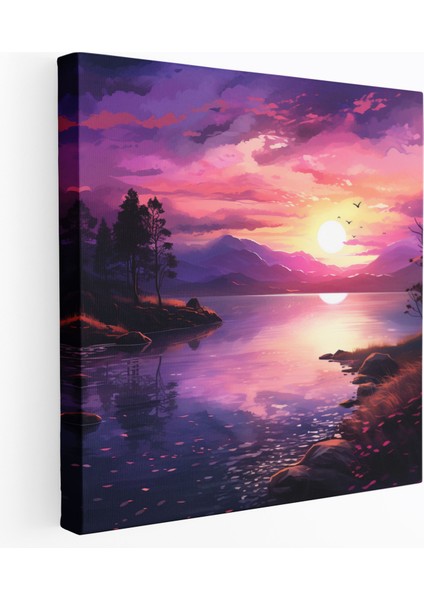 Mor Gün Batımı Göl Tablosu - Mor, Ev Dekorasyonu, Kanvas Tablo, Kanvas Tablo, 30X30