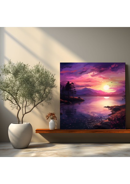 Mor Gün Batımı Göl Tablosu - Mor, Ev Dekorasyonu, Kanvas Tablo, Kanvas Tablo, 30X30