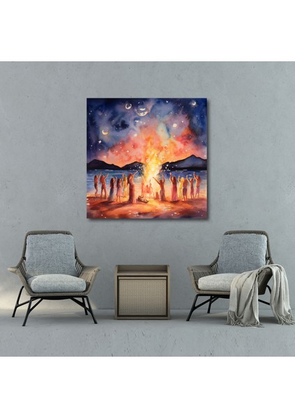 Bohem Mehtaplı Plaj Kanvas Tablo - Bohem, Mehtaplı Plaj, Ev Dekorasyonu, Bohem Sanat, 30X30