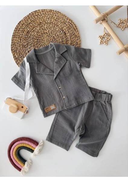 Müslin Ceket Yaka Pamuklu Şortlu Erkek Çocuk Takım - Koyu Gri