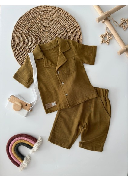 Müslin Ceket Yaka Pamuklu Şortlu Erkek Çocuk Takım - Kahverengi